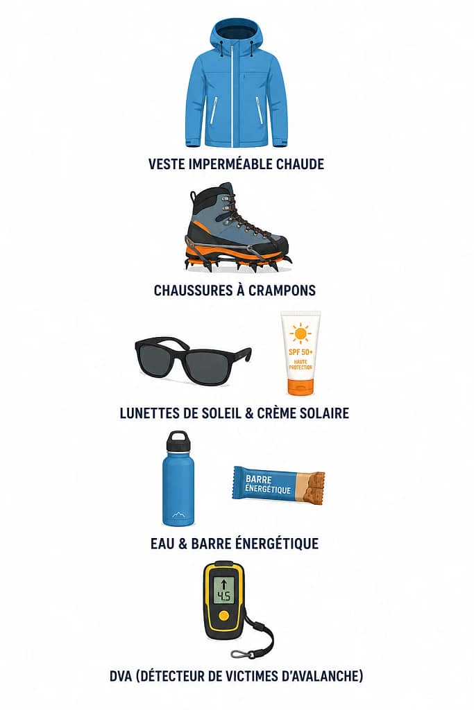 Infographie du matériel essentiel pour une excursion sur neige éternelle
