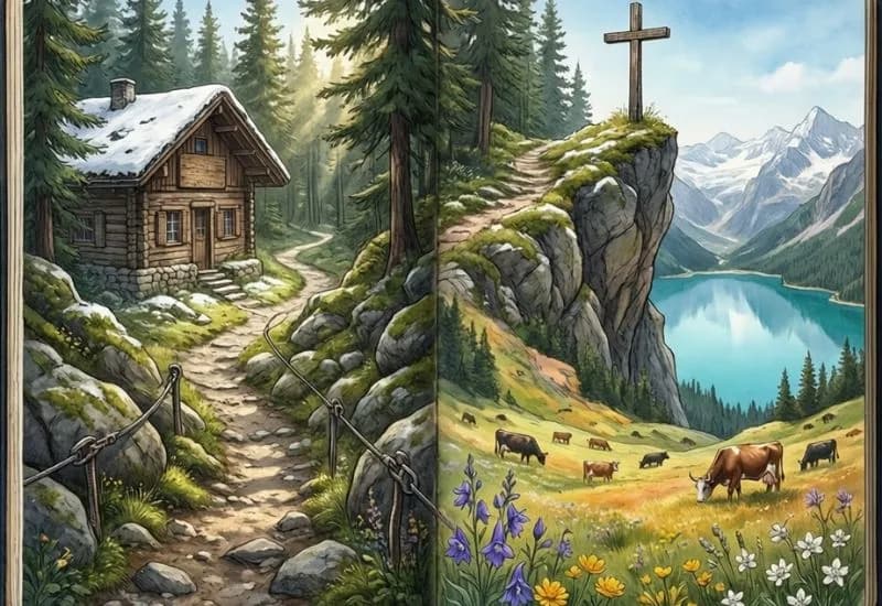 Carte illustrée de l’itinéraire de randonnée de la pointe de Talamarche montrant forêt, alpages, crête finale et point de vue sur le lac d’Annecy