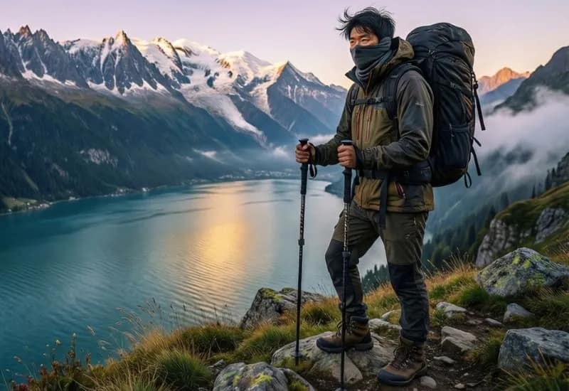 Randonneur sur la crête de la pointe de Talamarche dominant le lac d’Annecy avec le massif du Mont Blanc au loin