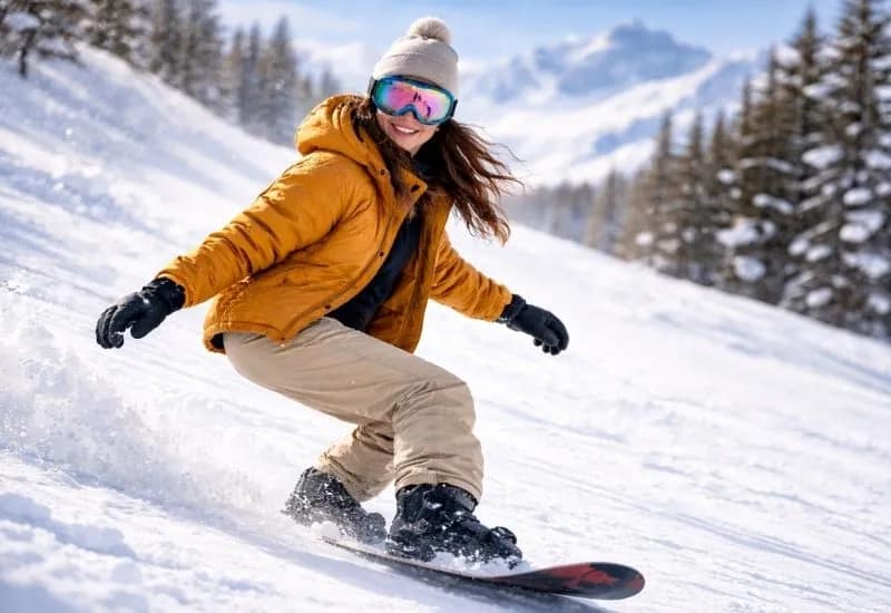 Une femme sur un snowboard en tenue décontractée