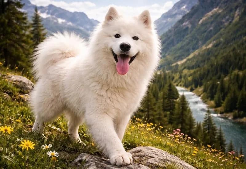 Chien Samoyède sur une colline fleurie