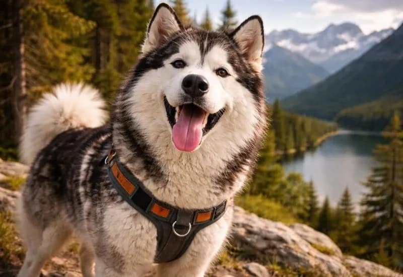 Malamute surplombant un lac alpine