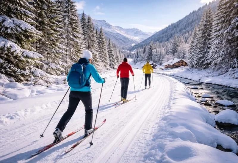 Skieurs sur sentier d'hiver pittoresque