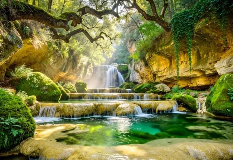 Cascades du Saut du Loup, dites Cascades des Demoiselles, dans les gorges du Loup – succession de bassins aux eaux émeraude encadrés de roches calcaires couvertes de mousse et de végétation méditerranéenne, Alpes-Maritimes