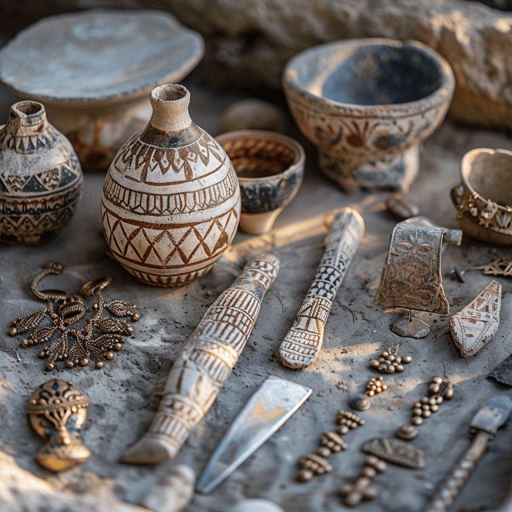 Vase et figurines décorés de motifs ethniques sur fond de pierre