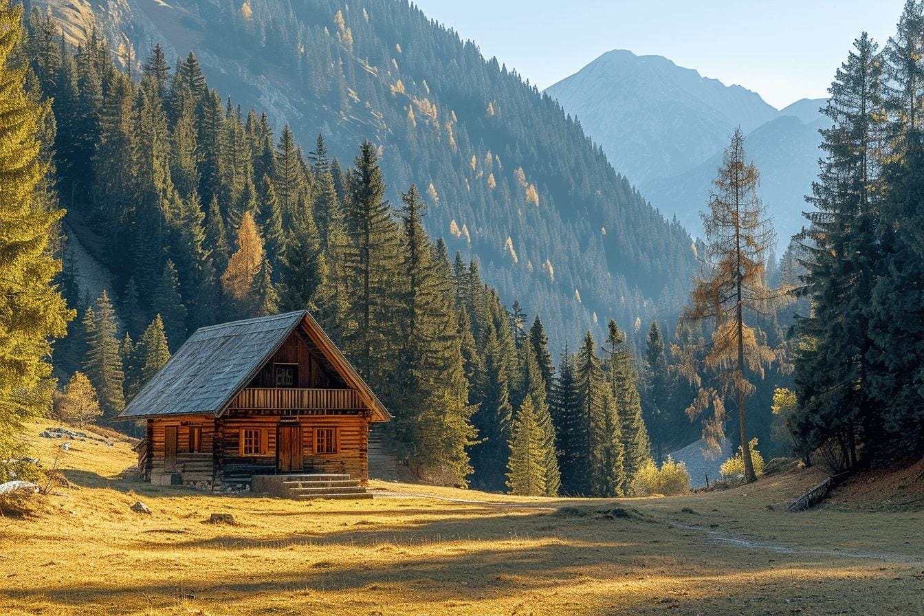 Chalet en bois isolé dans un paysage montagneux d'automne