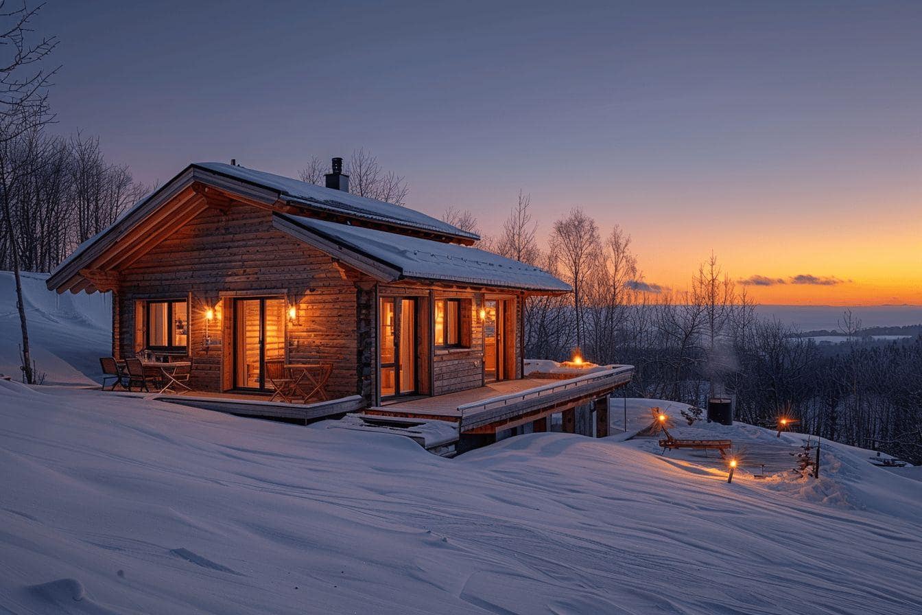Maison en bois avec terrasse éclairée dans un paysage enneigé au coucher de soleil