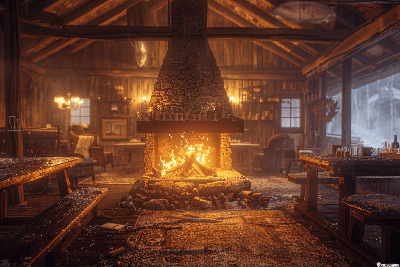 Une cheminée en pierre avec un feu ardent dans une salle de style rustique