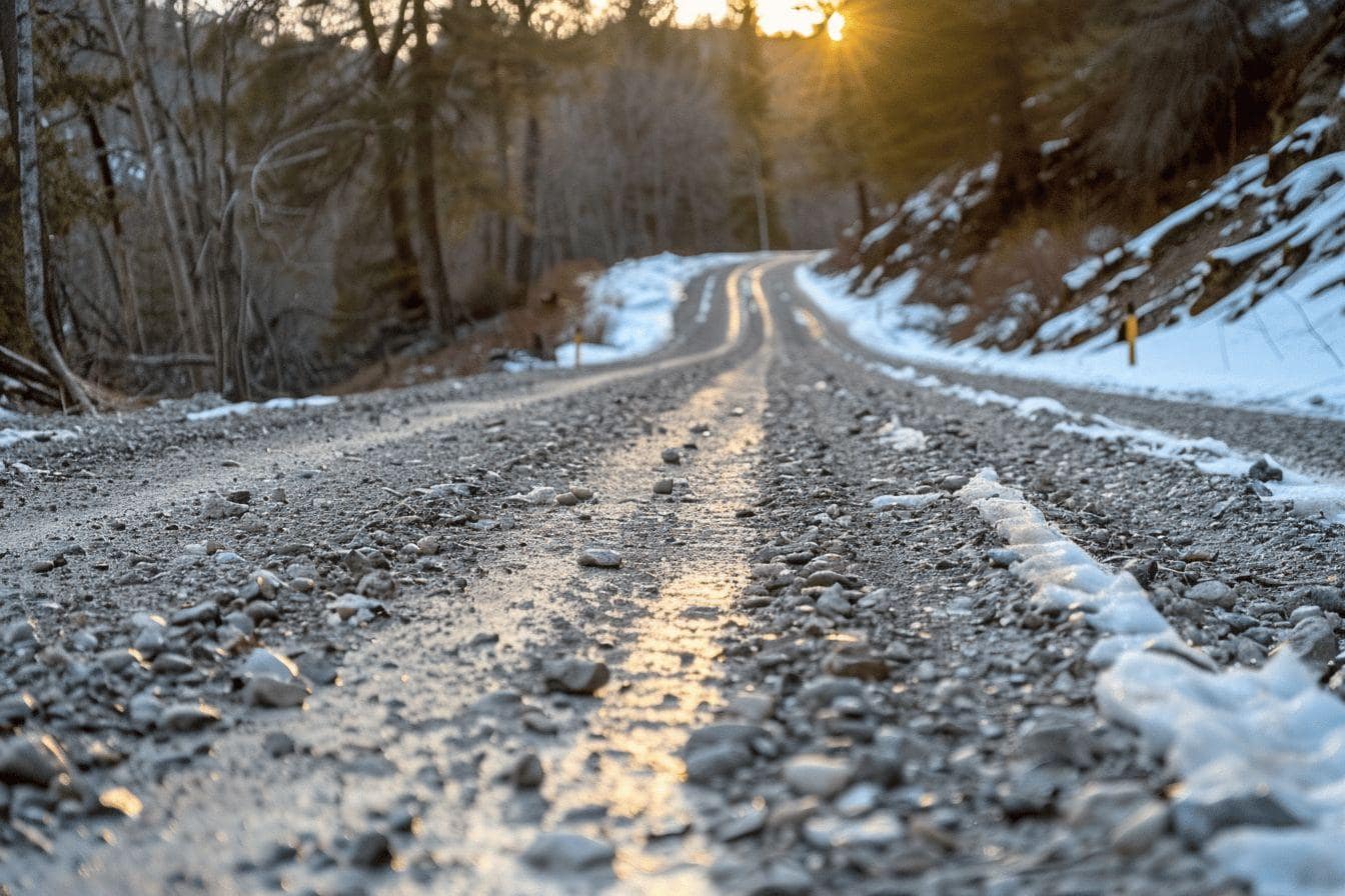 Route enneigée traversant une forêt au coucher du soleil