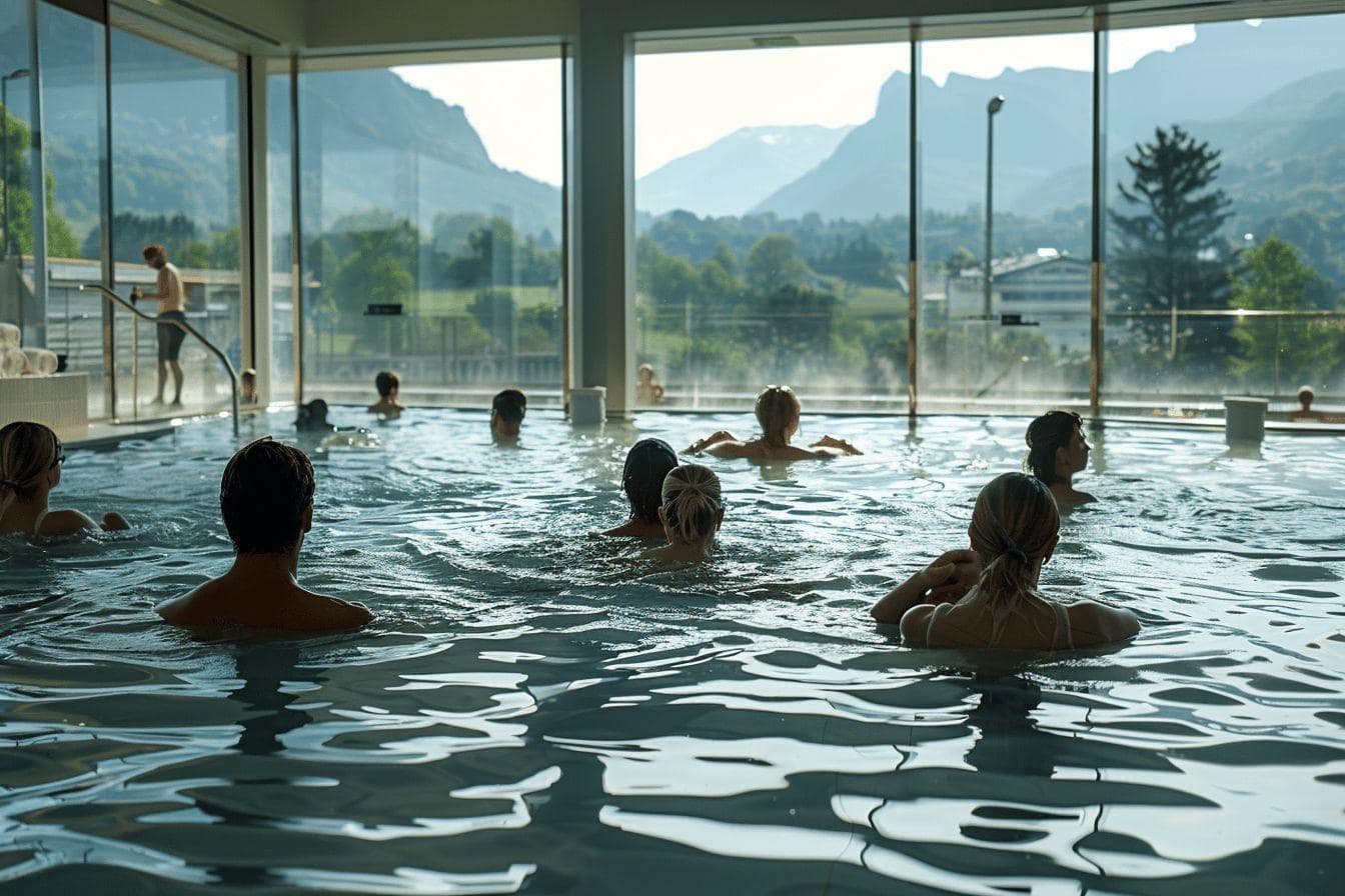 Personnes se détendant dans une piscine intérieure avec vue sur la montagne