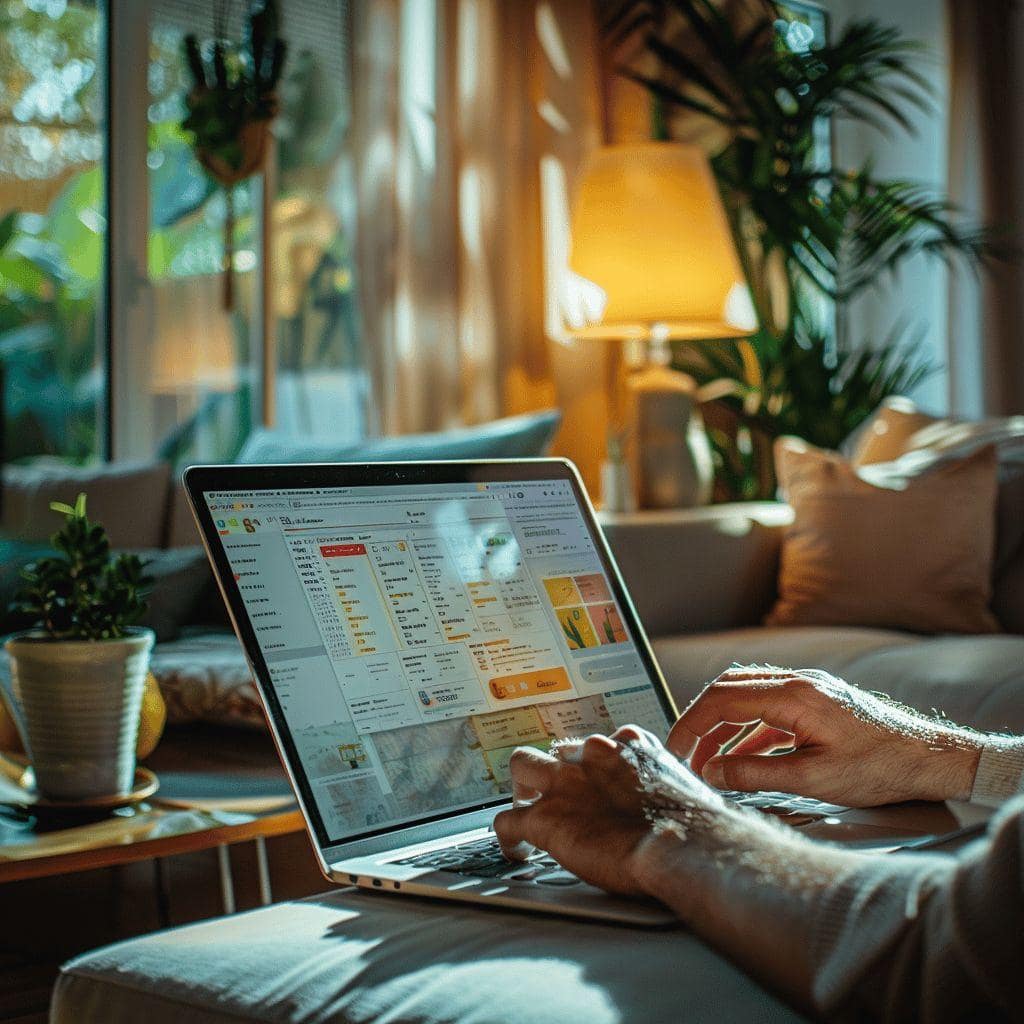 Ordinateur portable sur un canapé dans un intérieur cosy et relaxant