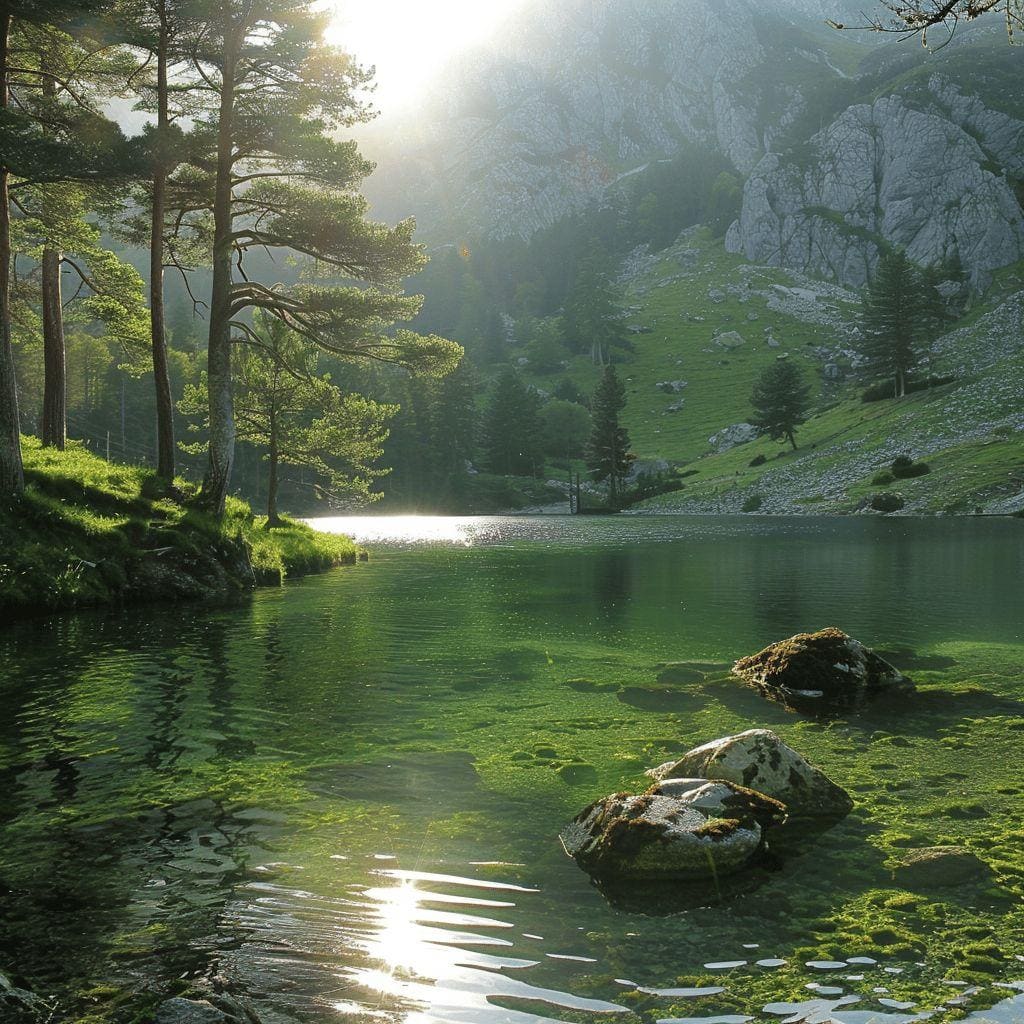 Paysage paisible de forêt, de montagne et de lac aux eaux calmes