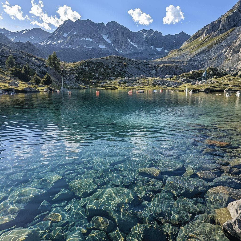 Paysage de montagnes enneigées reflétées dans un lac de montagne bleu-vert.