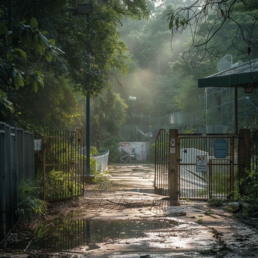 Sentier boisé et ombragé, avec portail en métal et végétation luxuriante.