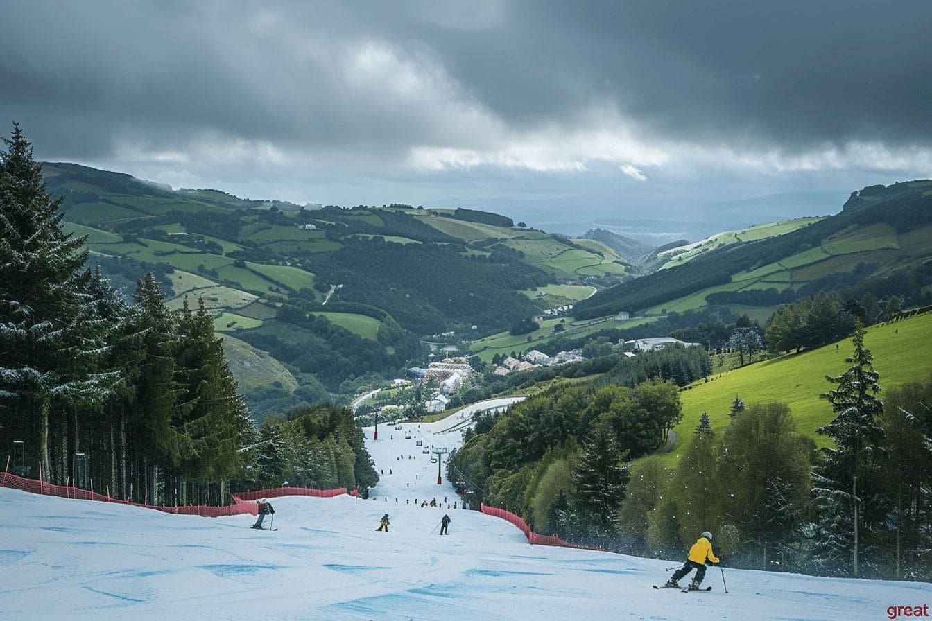Vue sur une station de ski au cœur d'un paysage montagneux verdoyant