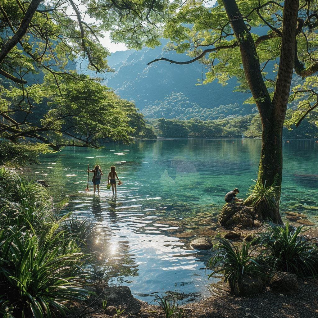 Paysage naturel verdoyant avec un lac turquoise et des personnes dans l'eau