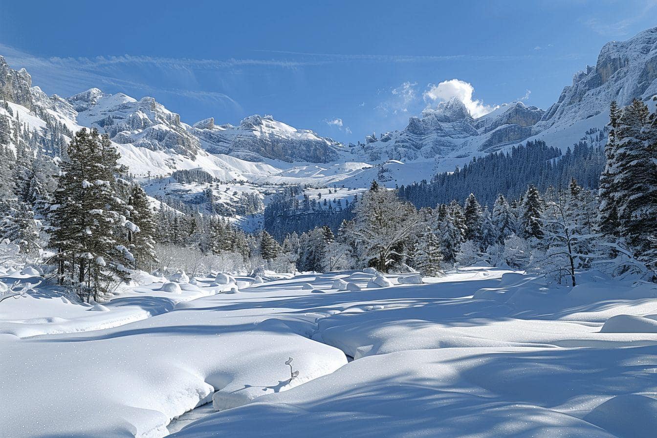 Vallée de montagne enneigée sous un ciel bleu avec des sommets enneigés.