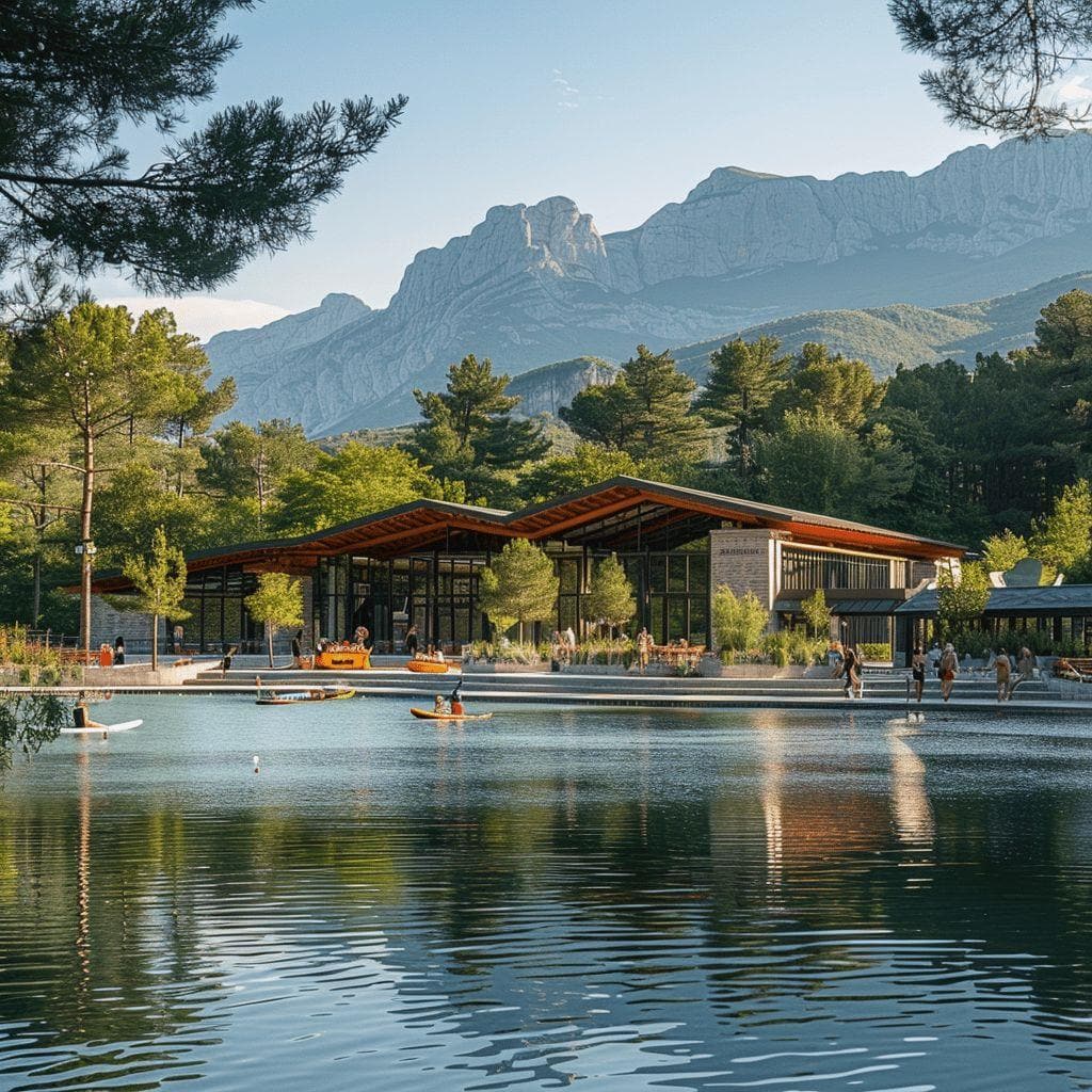 Un paysage montagneux avec un lac et des bâtiments en bois au premier plan.