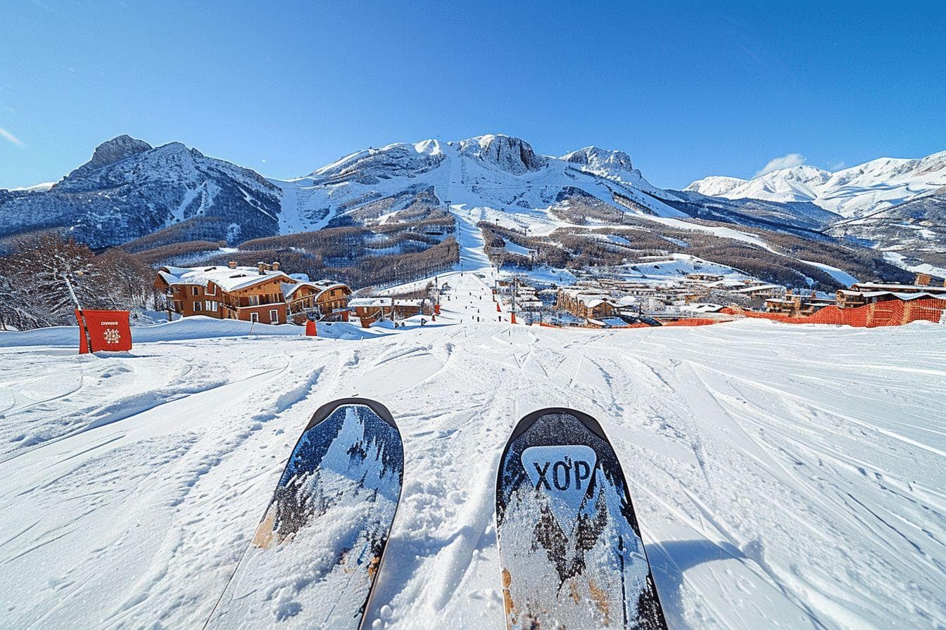 Vue panoramique sur une station de ski enneigée avec montagnes enneigées à l'arrière-plan.