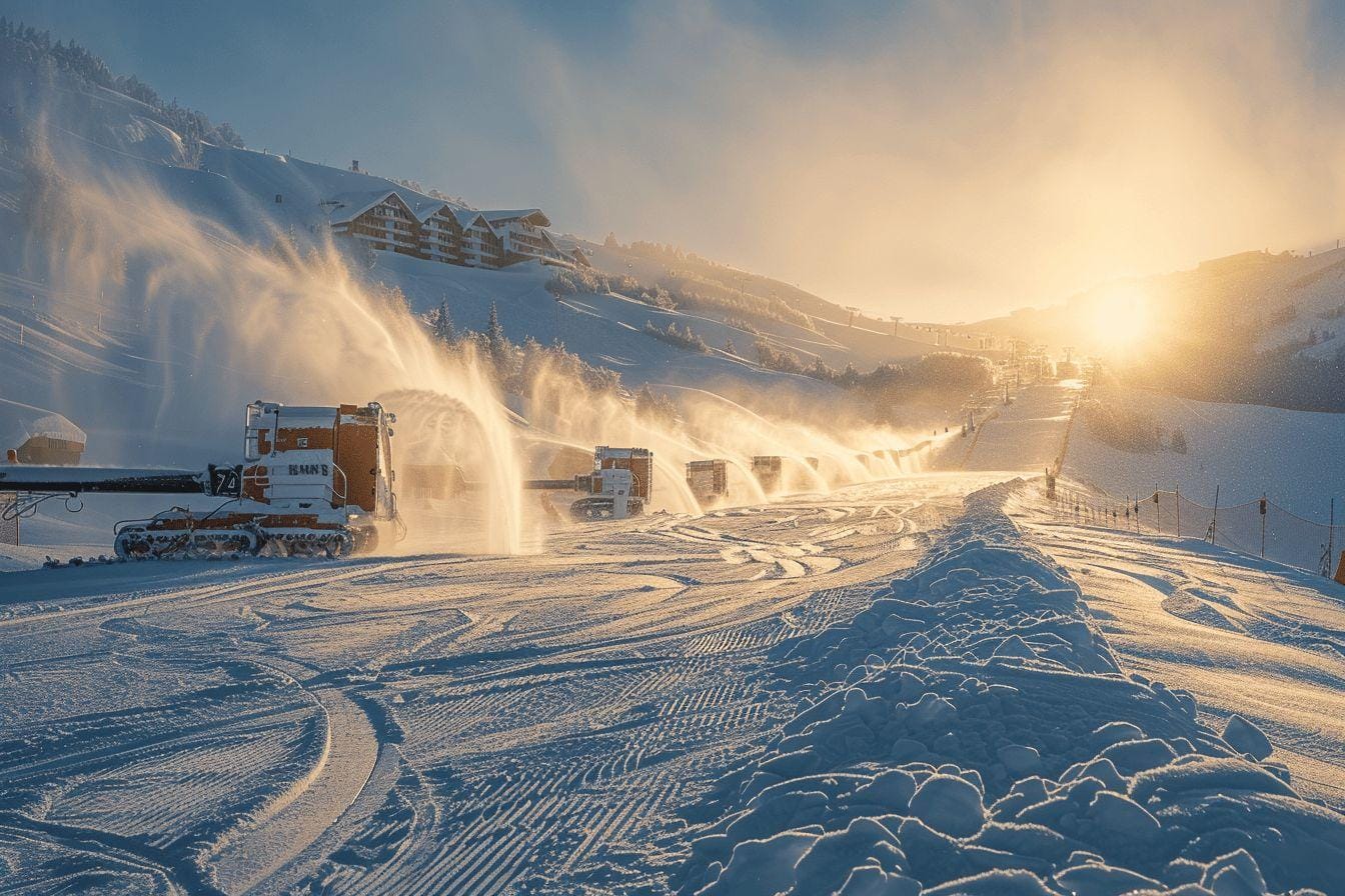 Engins de damage nivelant la neige sur une piste de ski