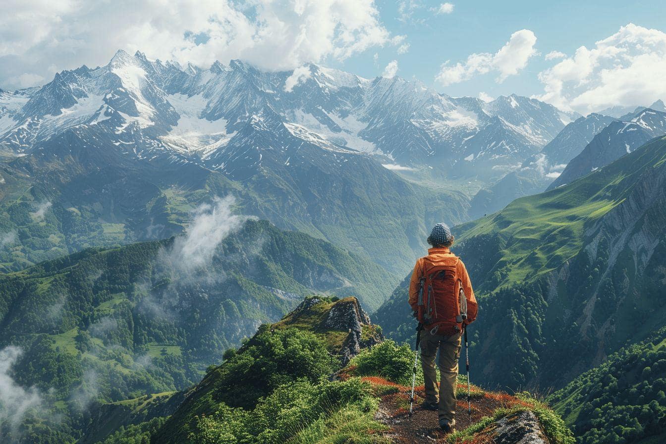 Personne en randonnée contemplant un paysage montagneux enneigé