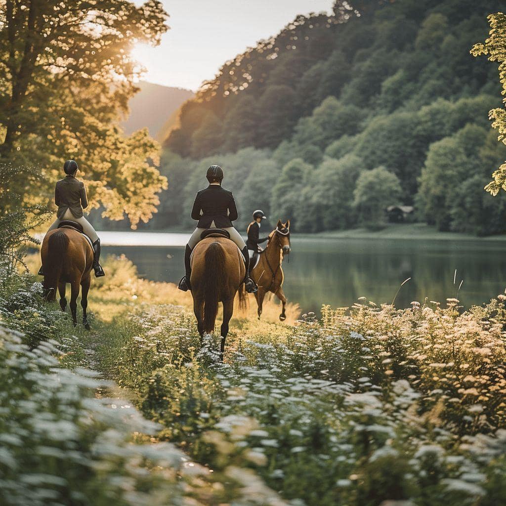 Cavaliers traversant un paysage forestier au coucher de soleil