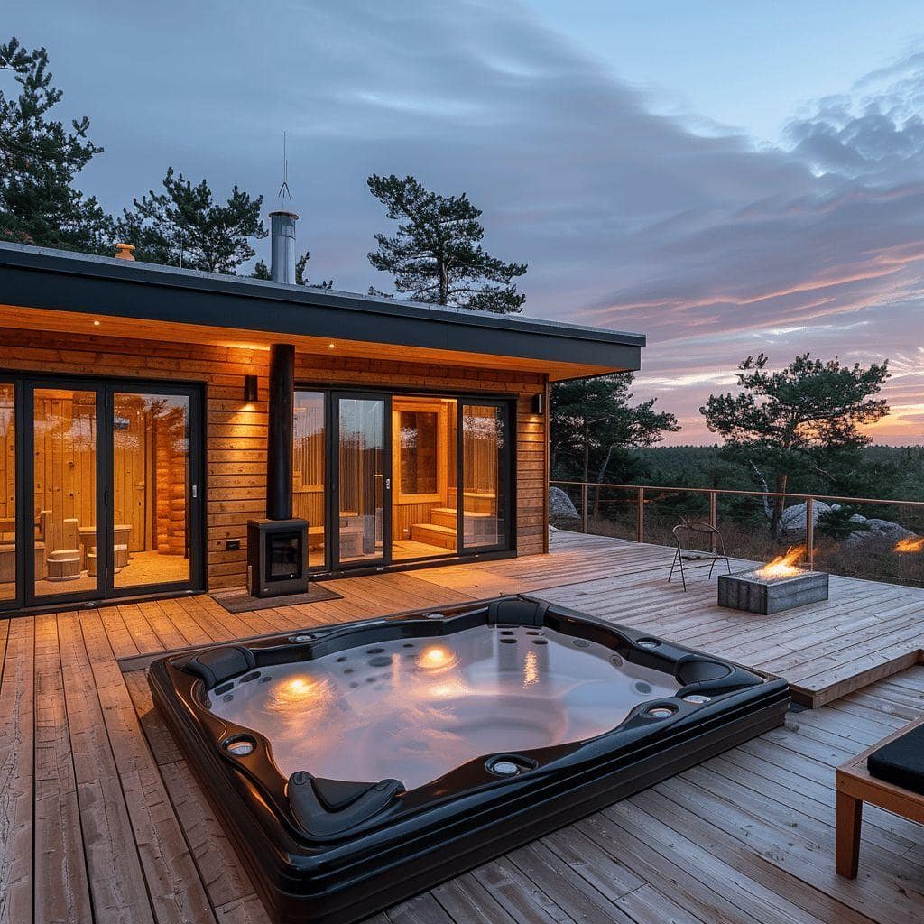 Chalet en bois avec jacuzzi sur la terrasse au coucher du soleil