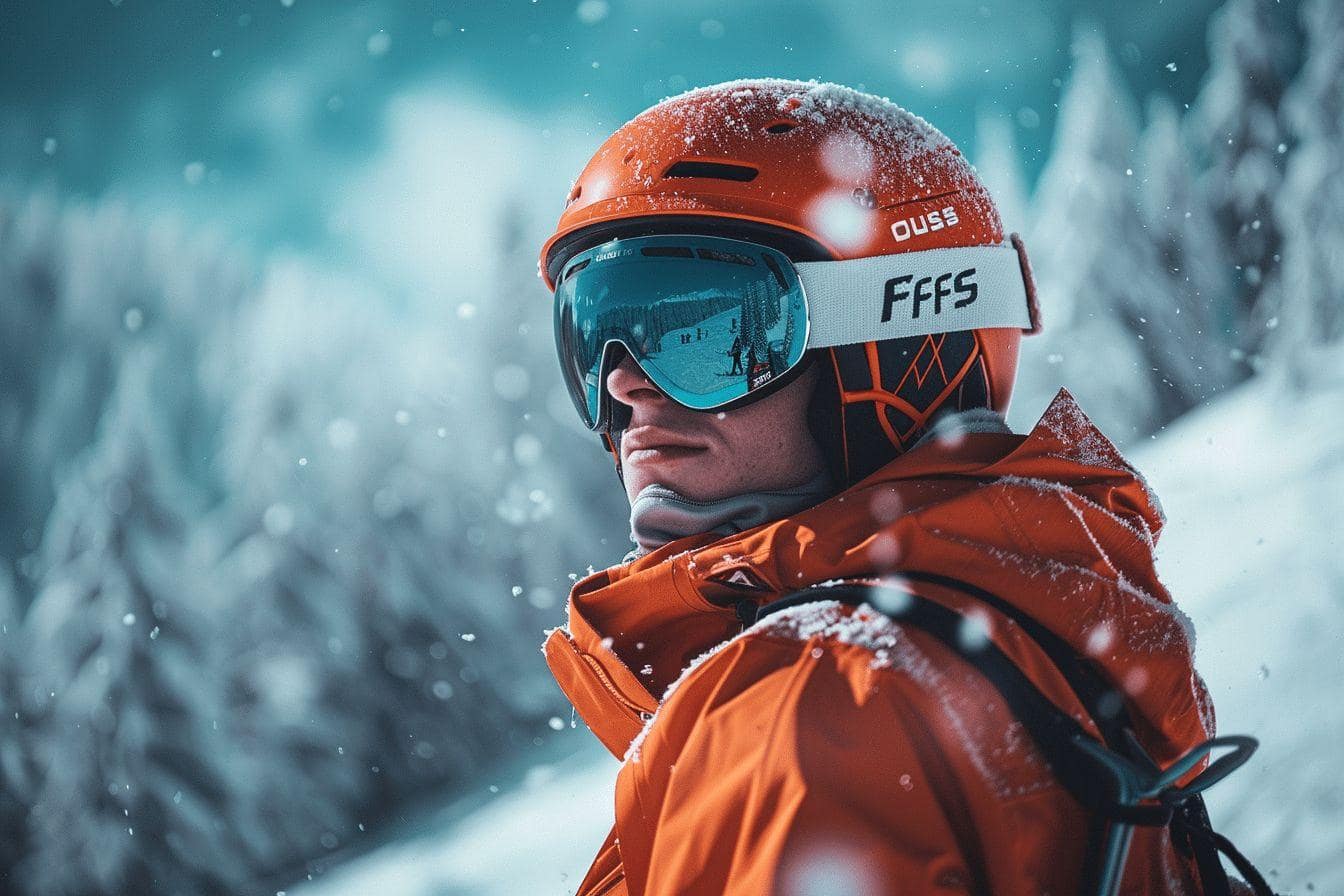 Skieur en orange avec masque, dans une tempête de neige à l'extérieur