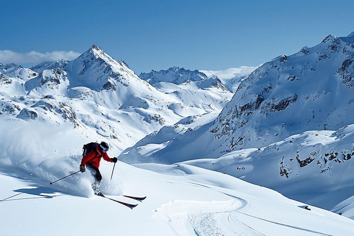 Un skieur en rouge traverse une pente enneigée dans un paysage montagneux enneigé.