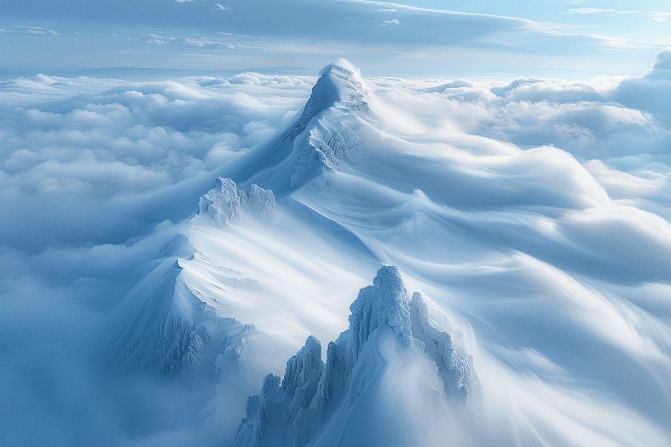 Image aérienne de hauts sommets enneigés au-dessus des nuages.