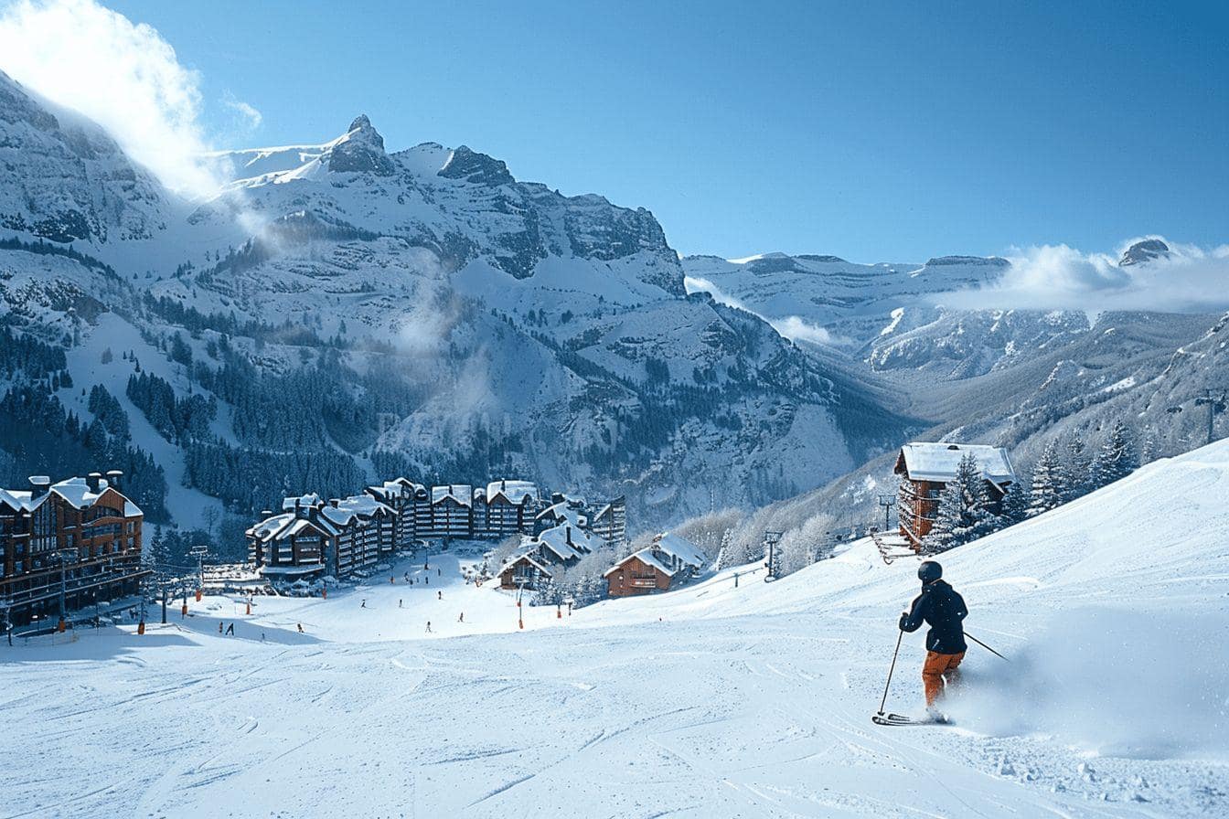 Piste de ski entourée de montagnes enneigées et de bâtiments en bois