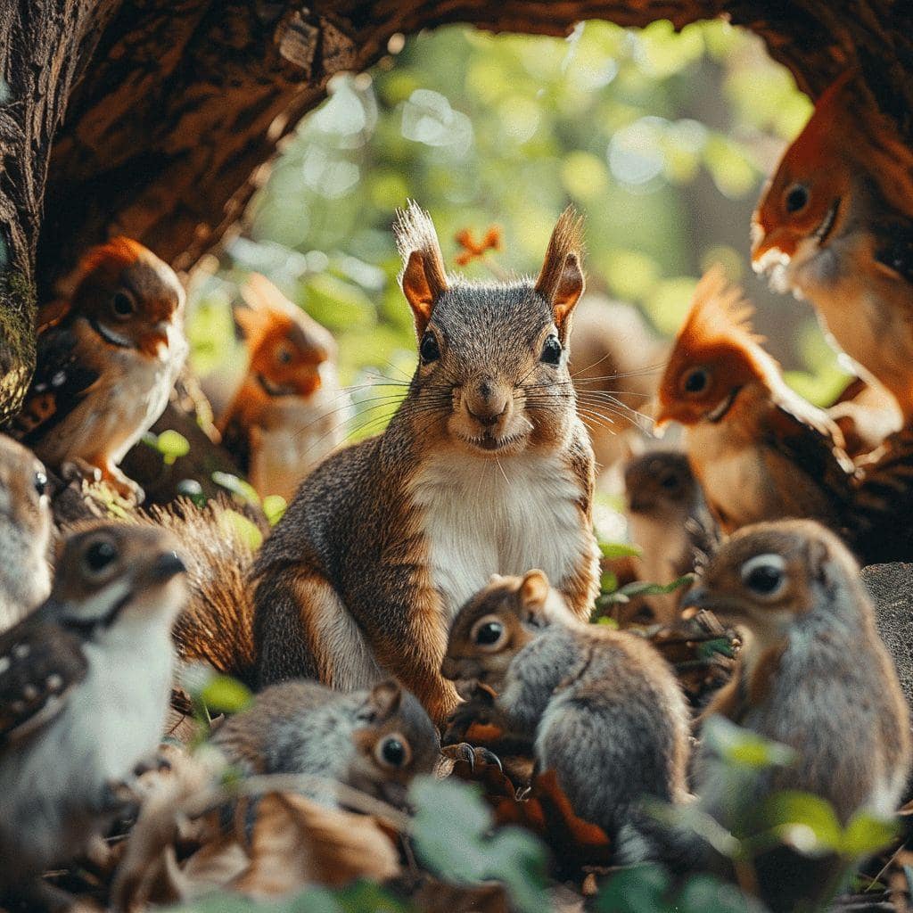 Une famille d'écureuils bruns dans un paysage verdoyant.