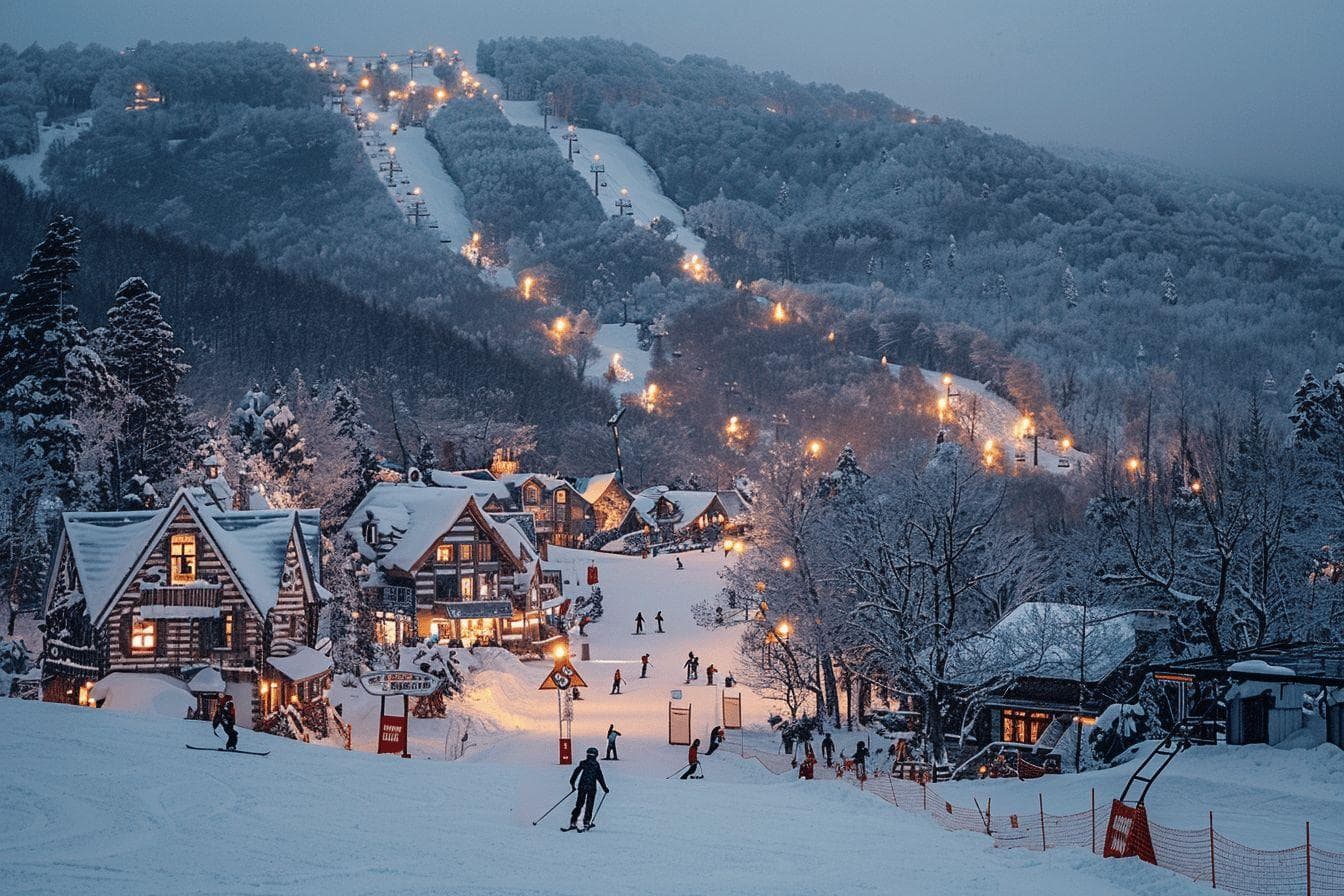 Village pittoresque de montagne enneigé et illuminé en hiver