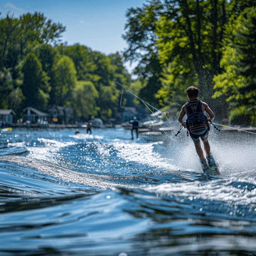 Un homme pratiquant le wakeboard sur une rivière entourée d'arbres verdoyants