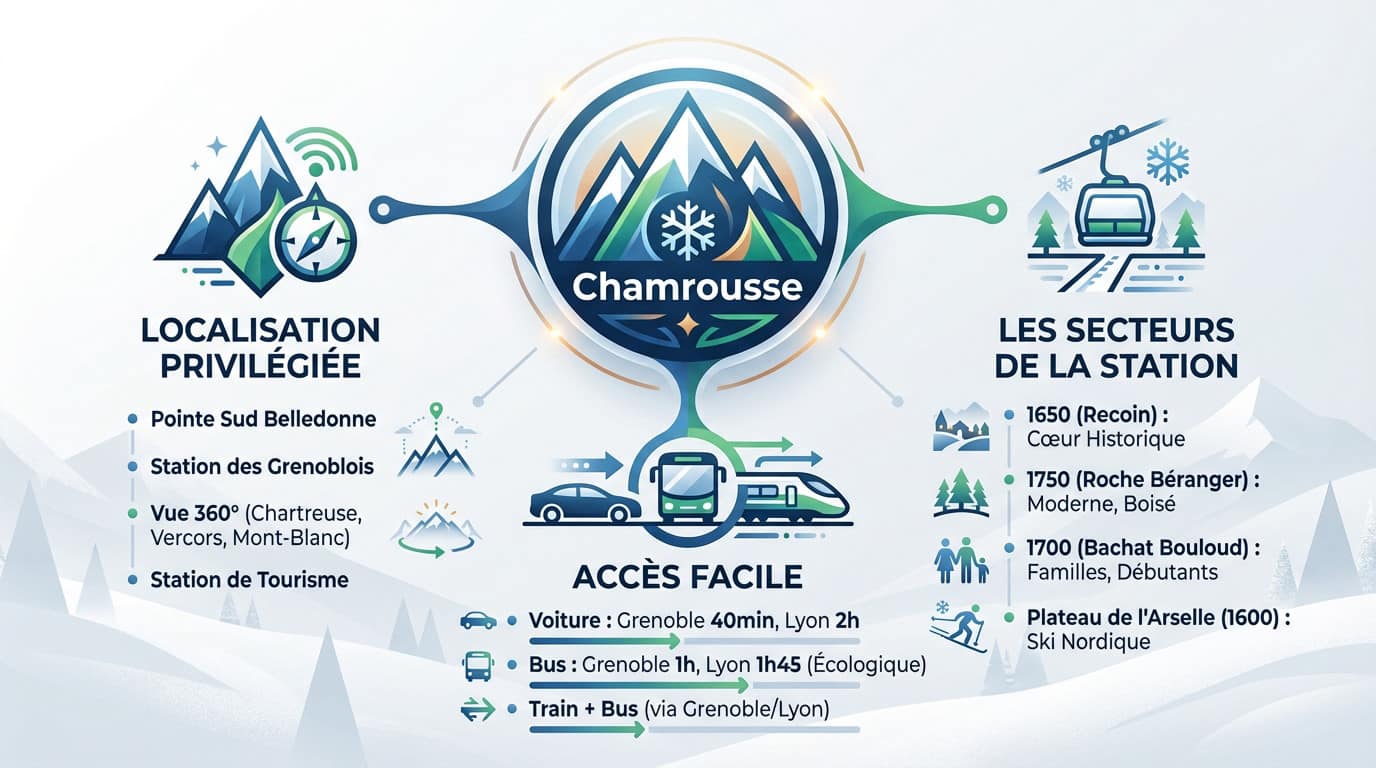 Carte de localisation et accès aux différents secteurs de Chamrousse