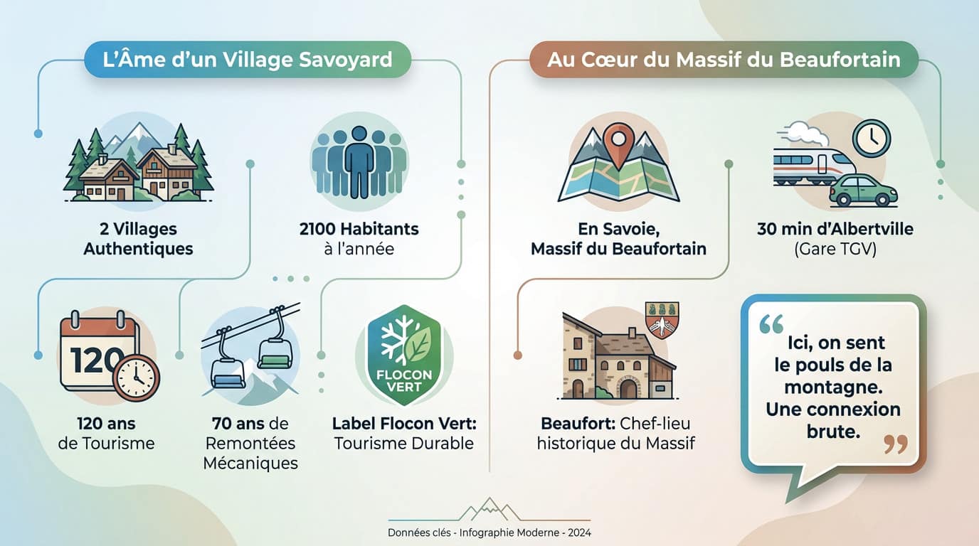 Vue authentique du village traditionnel d'Arêches-Beaufort au cœur du massif savoyard