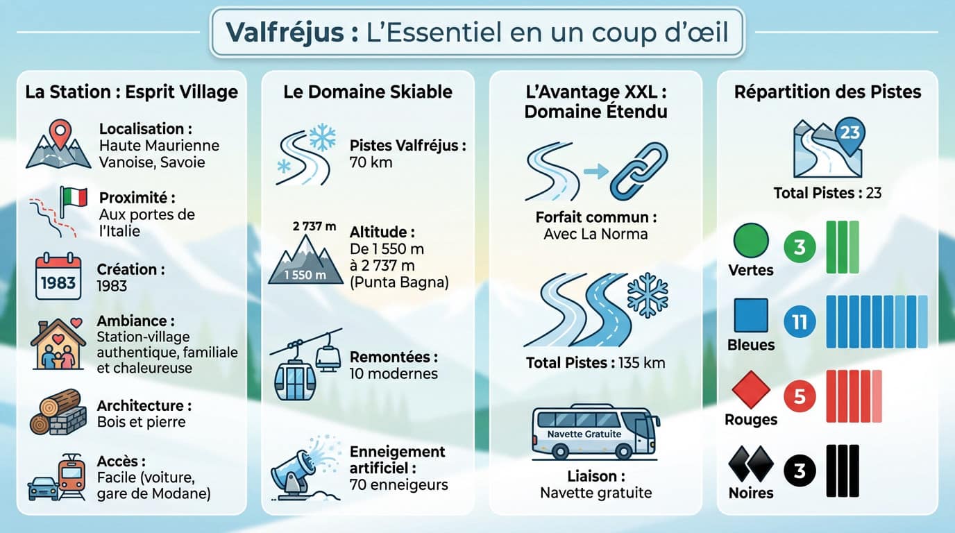 Vue d'ensemble de la station de Valfréjus et ses pistes ensoleillées