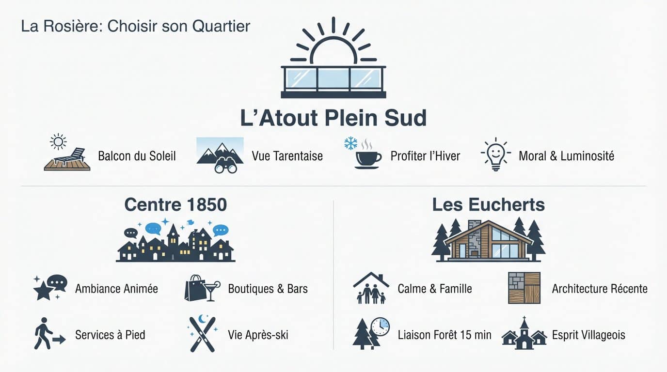 Chalets traditionnels en pierre et bois sous le soleil à La Rosière 1850