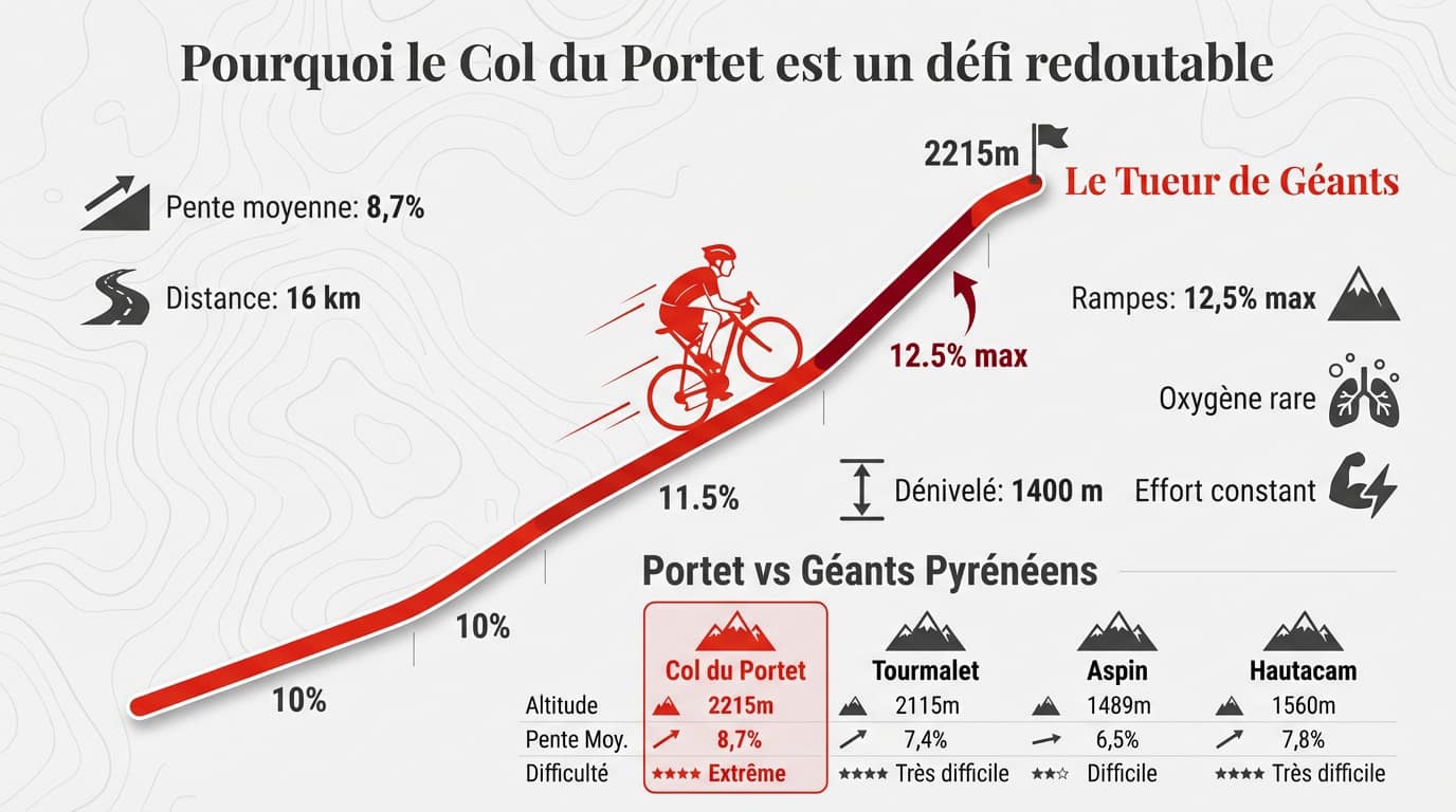 Profil de la montée cycliste du Col du Portet dans les Pyrénées