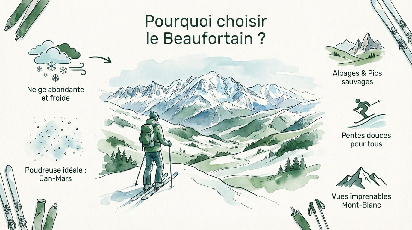 Skieur de randonnée face au panorama enneigé du Beaufortain