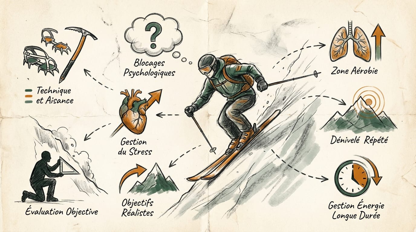 Alpiniste effectuant un diagnostic technique en haute montagne