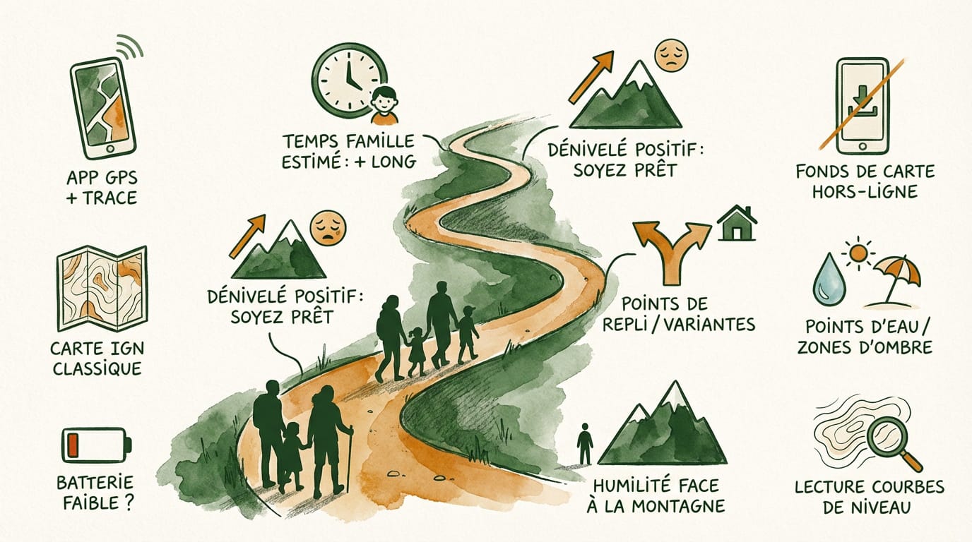 Famille préparant son itinéraire de randonnée avec une carte et un sac à dos