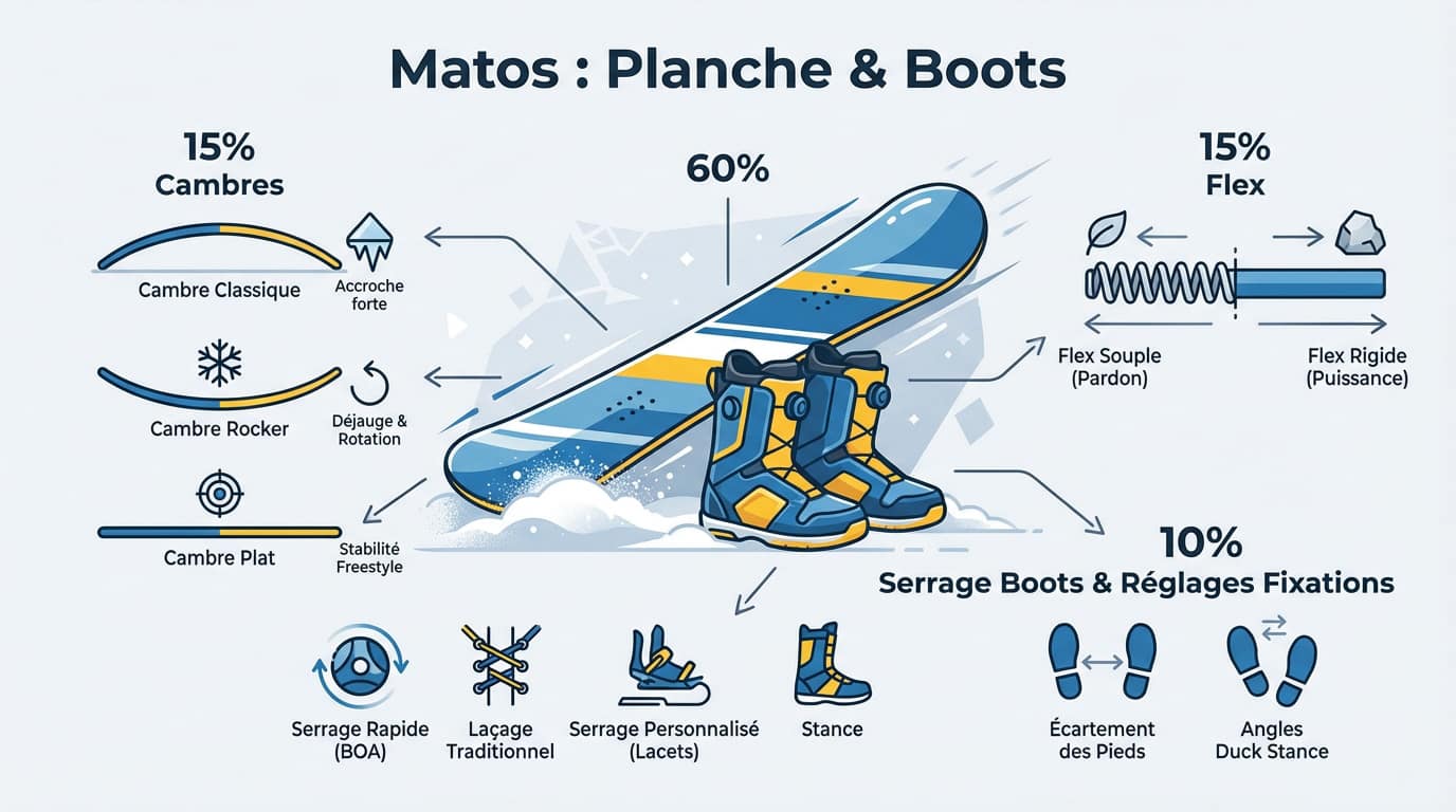 Vue rapprochée d'un snowboard avec ses fixations sur une piste enneigée
