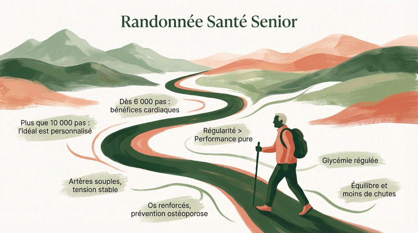 Infographie montrant les bénéfices de la randonnée et de la marche pour la santé des seniors