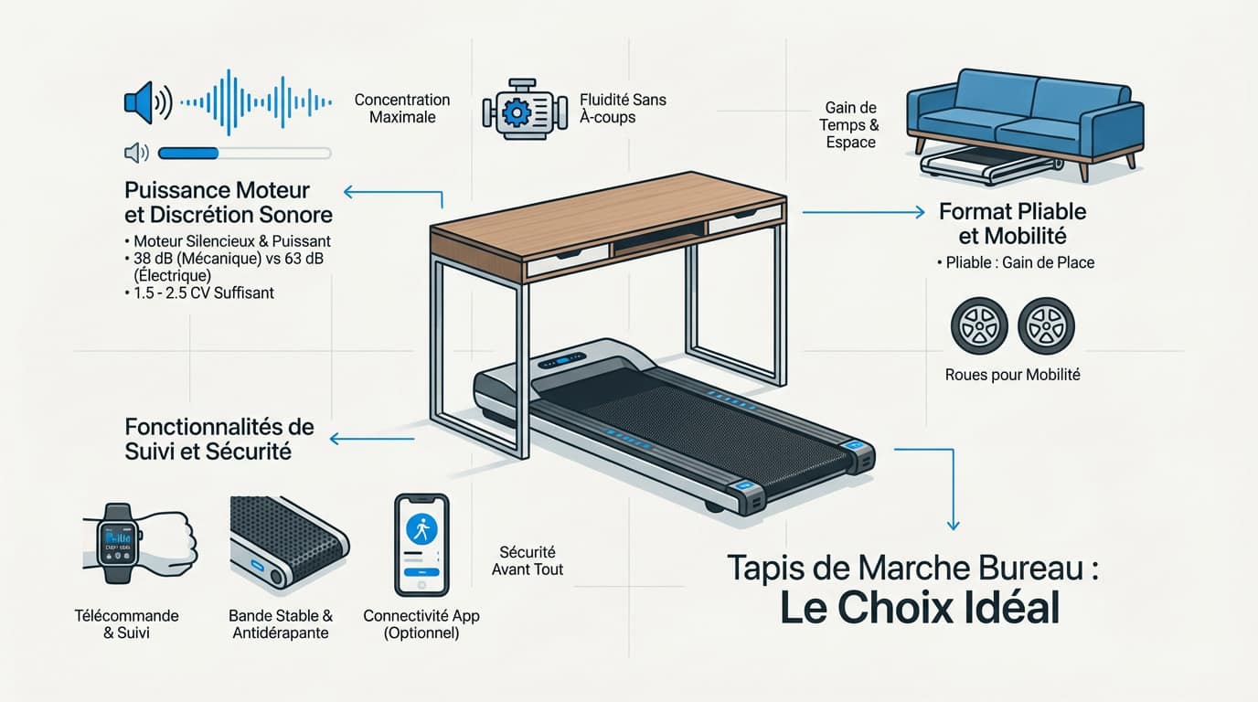 Infographie comparative pour choisir le meilleur tapis de marche de bureau pliable et silencieux