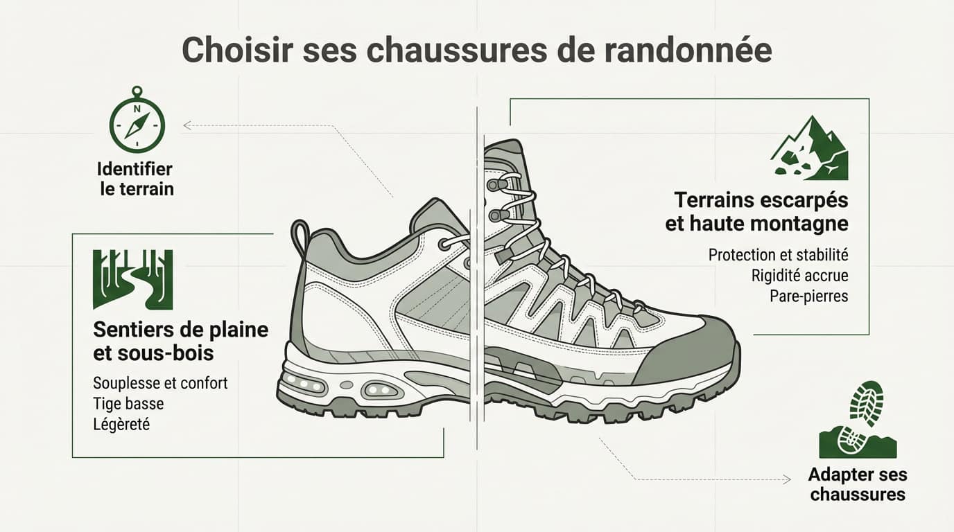 Chaussures de randonnée robustes sur un terrain montagneux rocailleux