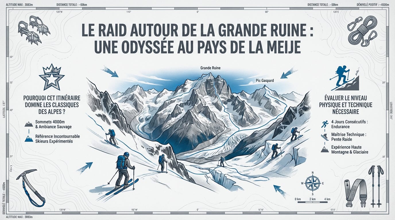 Infographie détaillant les étapes du raid à ski autour de la Grande Ruine dans le massif de la Meije