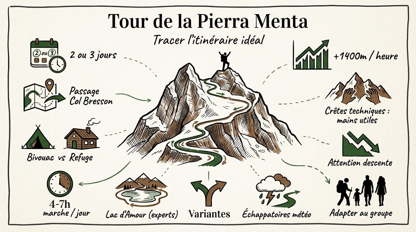 Infographie conseil pour planifier l'itinéraire du tour de la Pierra Menta en ski de randonnée
