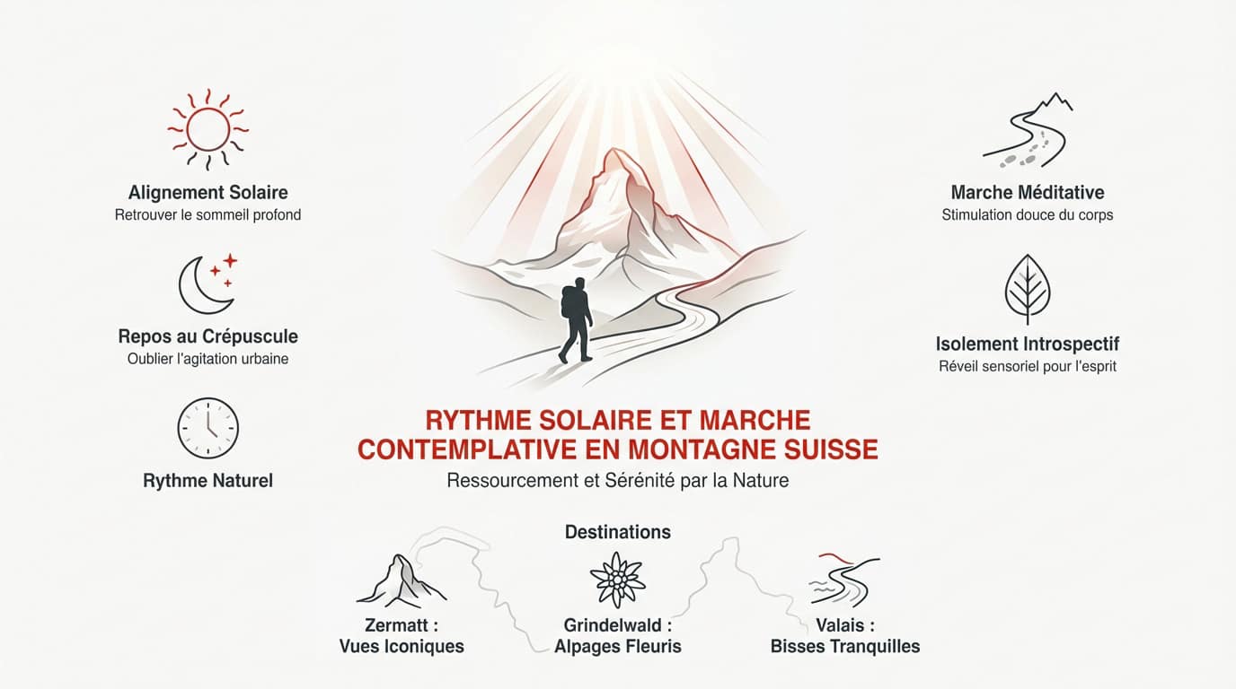 Randonneur contemplant les Alpes suisses au lever du soleil pour un ressourcement total