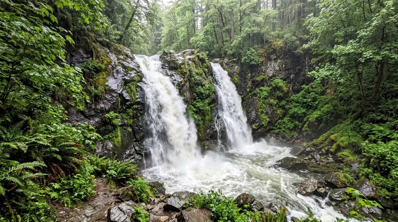 Deux cascades blanches dans forêt verte luxuriante